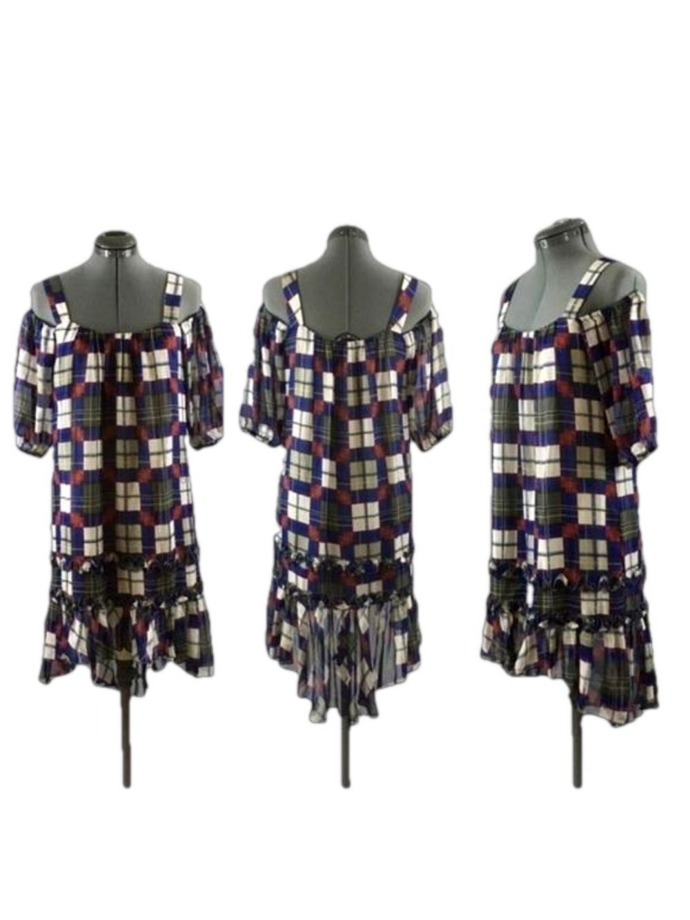 KENZIE “PRETTY” Cold Shoulder Hi/Low Black, Blue, & Red Plaid Dress, Size XS